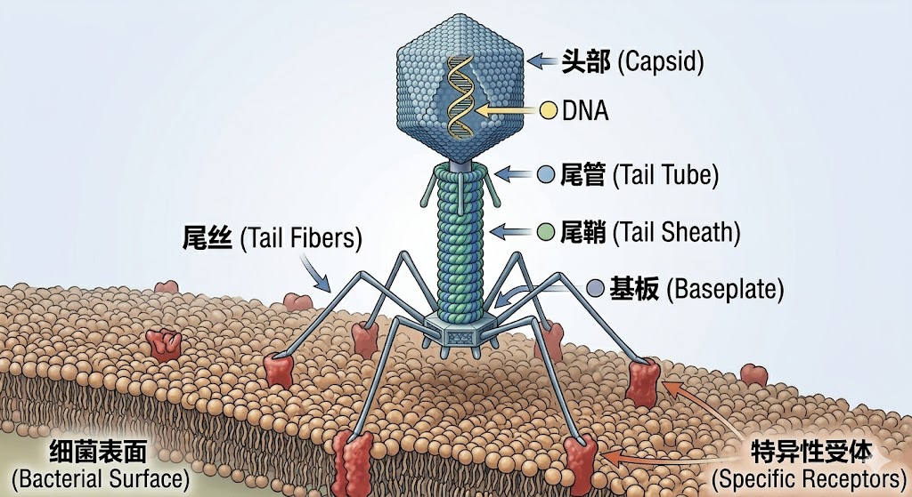噬菌体的结构与吸附感染机制示意图