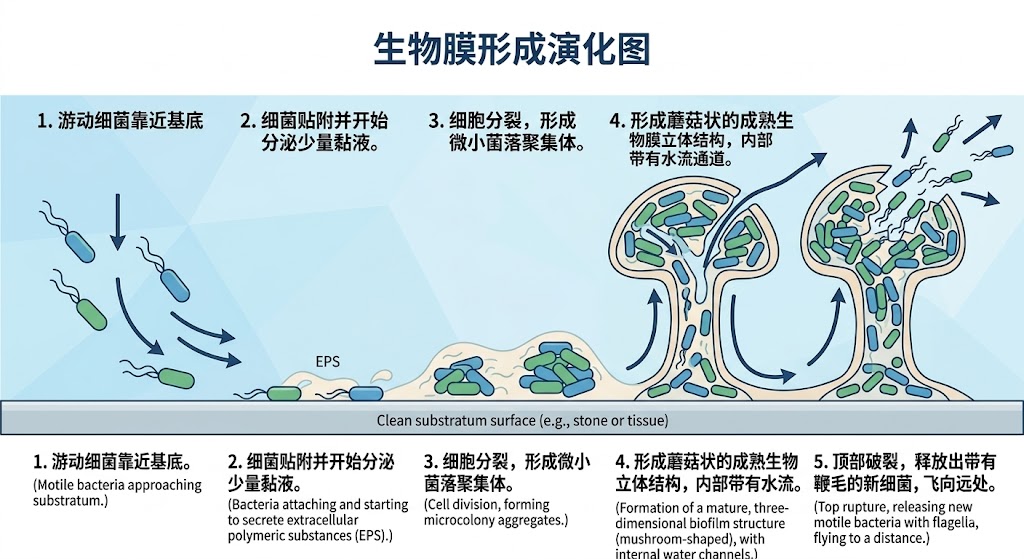 细菌从浮游态向生物膜群落演变的全周期