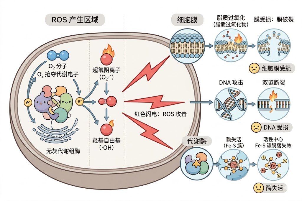 活性氧(ROS)生成与专性厌氧菌损伤机制