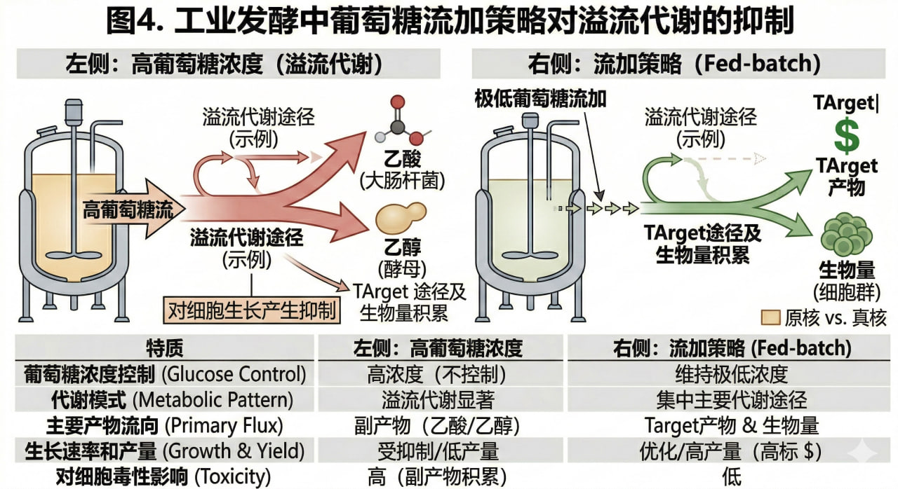 工业发酵中葡萄糖流加策略与溢流代谢示意图