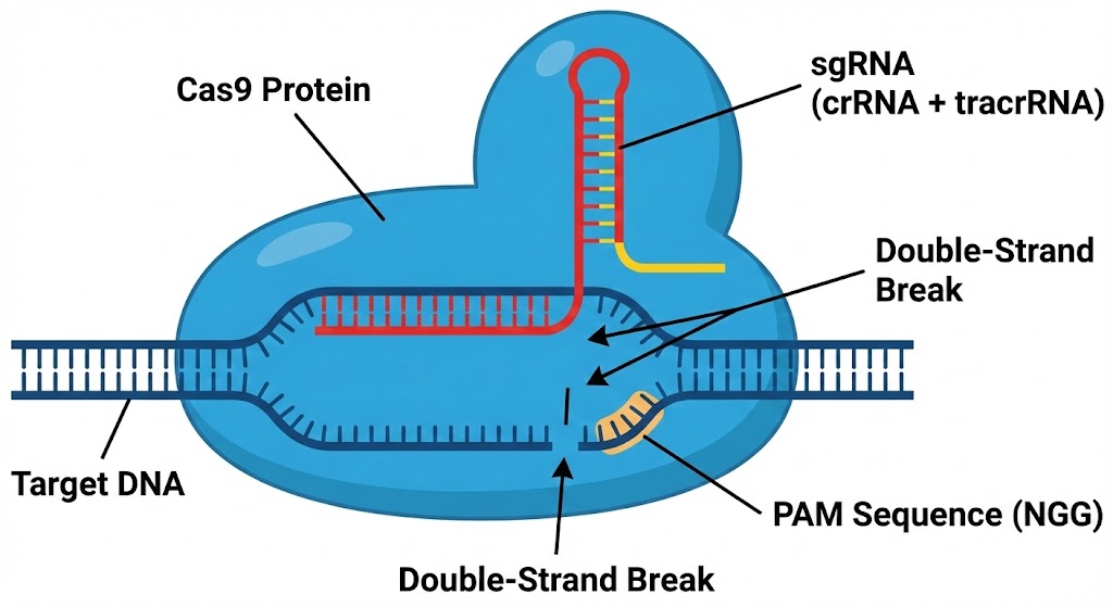CRISPR/Cas9 在 sgRNA 引导下识别 PAM 序列并切割 DNA 的机制示意图