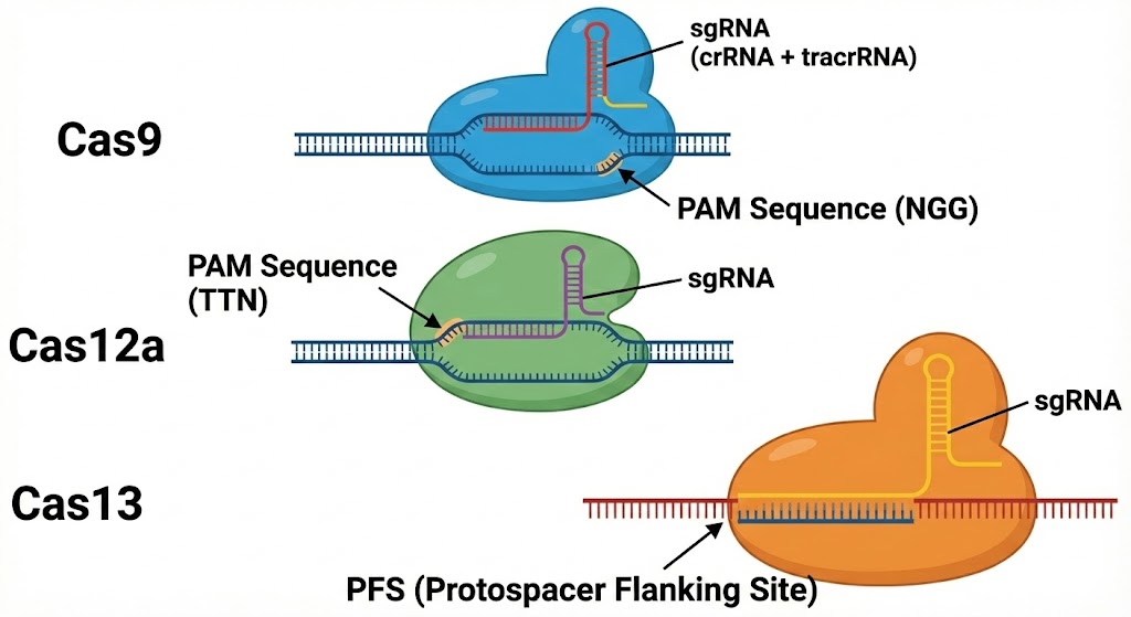 不同 Cas 蛋白对 PAM 序列识别差异的示意图