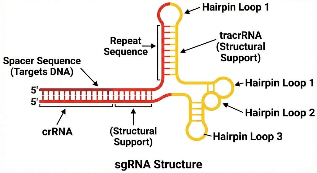 单链引导 RNA（sgRNA）的结构示意图，包括靶向序列和骨架序列