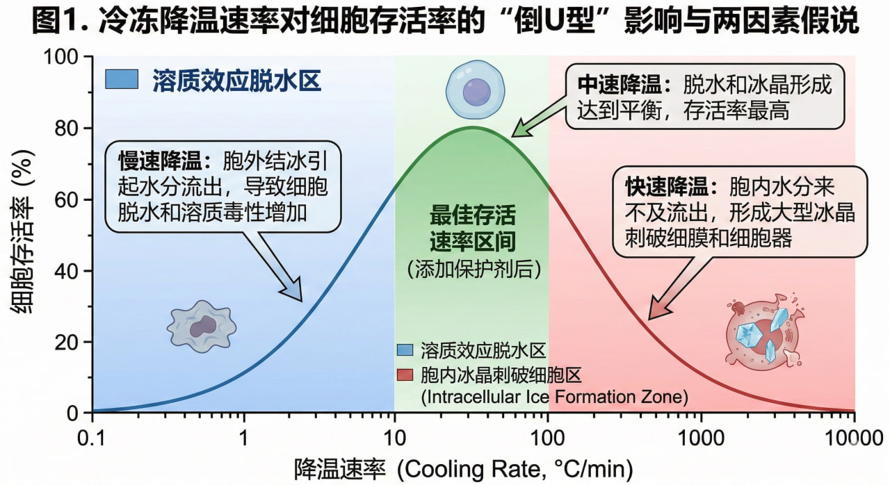 冰晶形成与细胞损伤机制示意图
