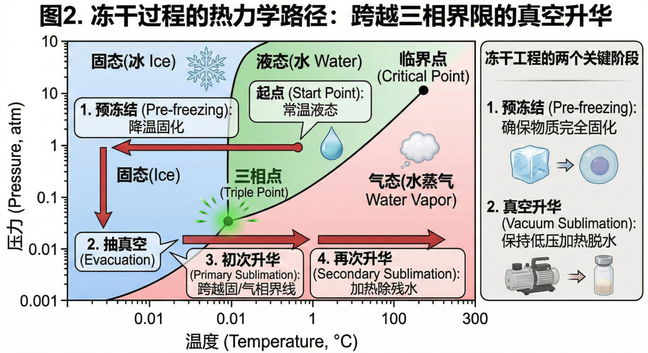 冷冻干燥的水三相图与升华路径