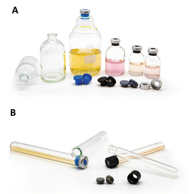 图5. 装有基础矿物培养基的血清瓶 (a) 和亨盖特管 (b)